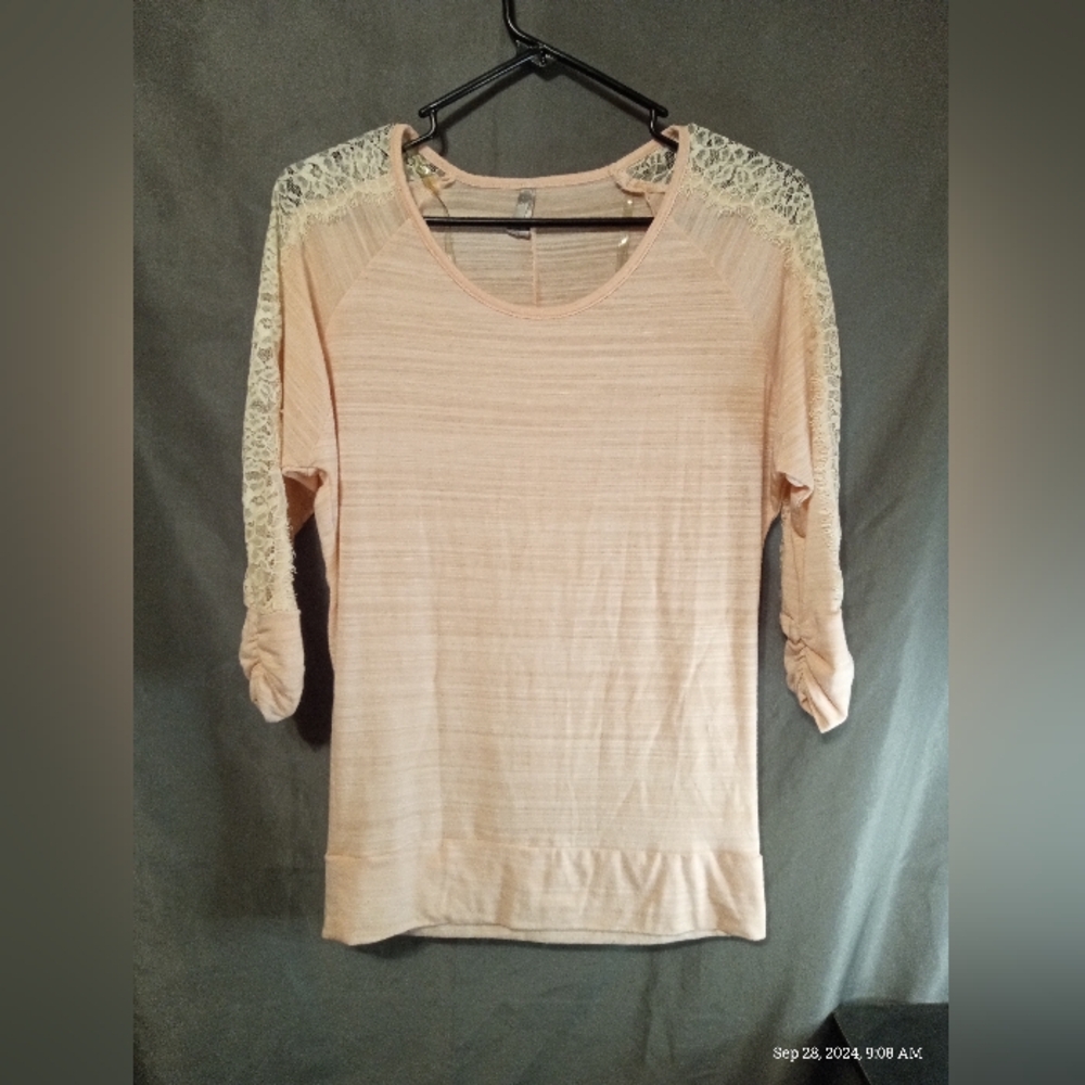 Vanity Pink long sleeve lace shoulders and scrunched sleeves